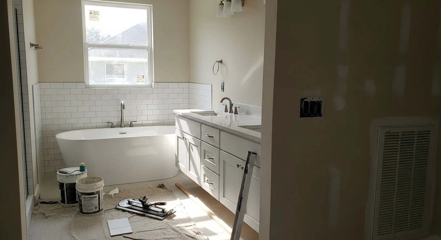 Renovated bathroom with modern tile shower and vanity
