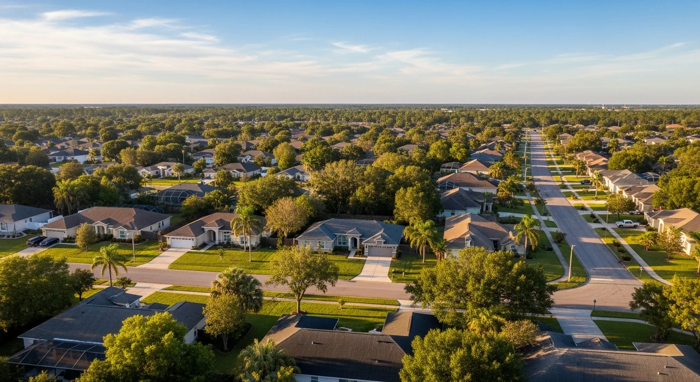 Aerial view of Polk County residential neighborhoods with palm trees and green spaces under clear Florida sky.